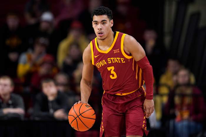 Iowa State guard Tamin Lipsey drives up court during the second half of an NCAA college basketball game against Western Michigan, Sunday, Dec. 18, 2022, in Ames, Iowa. Iowa State won 73-57.